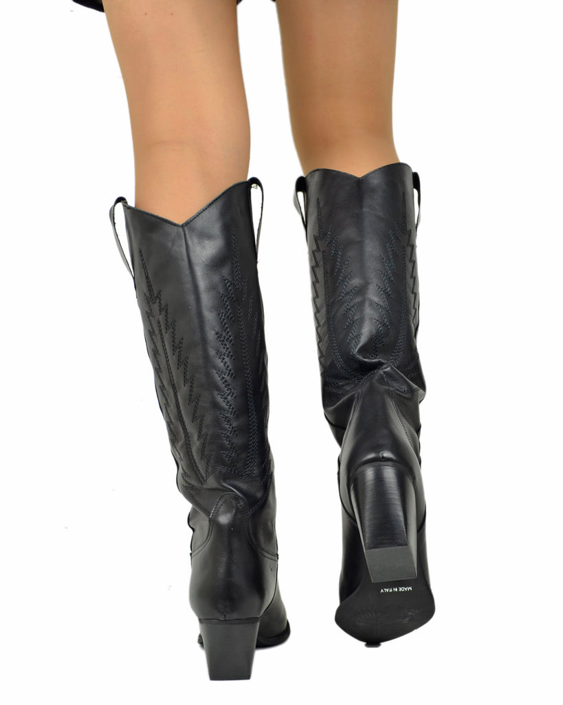 Stivali Texani Cowboy Trapuntati a Fiamma Vera Pelle Made in Italy NERI - 4