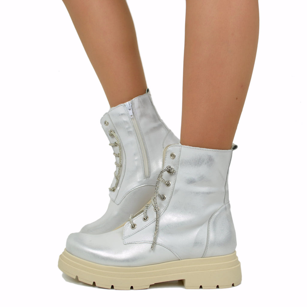 Women's Biker Ankle Boots with Rhinestones and Side Zip in Shaded Silver Leather