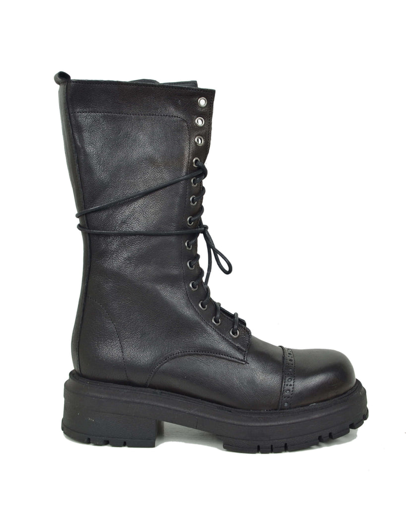 Anfibi Platform Alti Stringati Vera Pelle Punta con Dettagli Vera Pelle Neri - 4