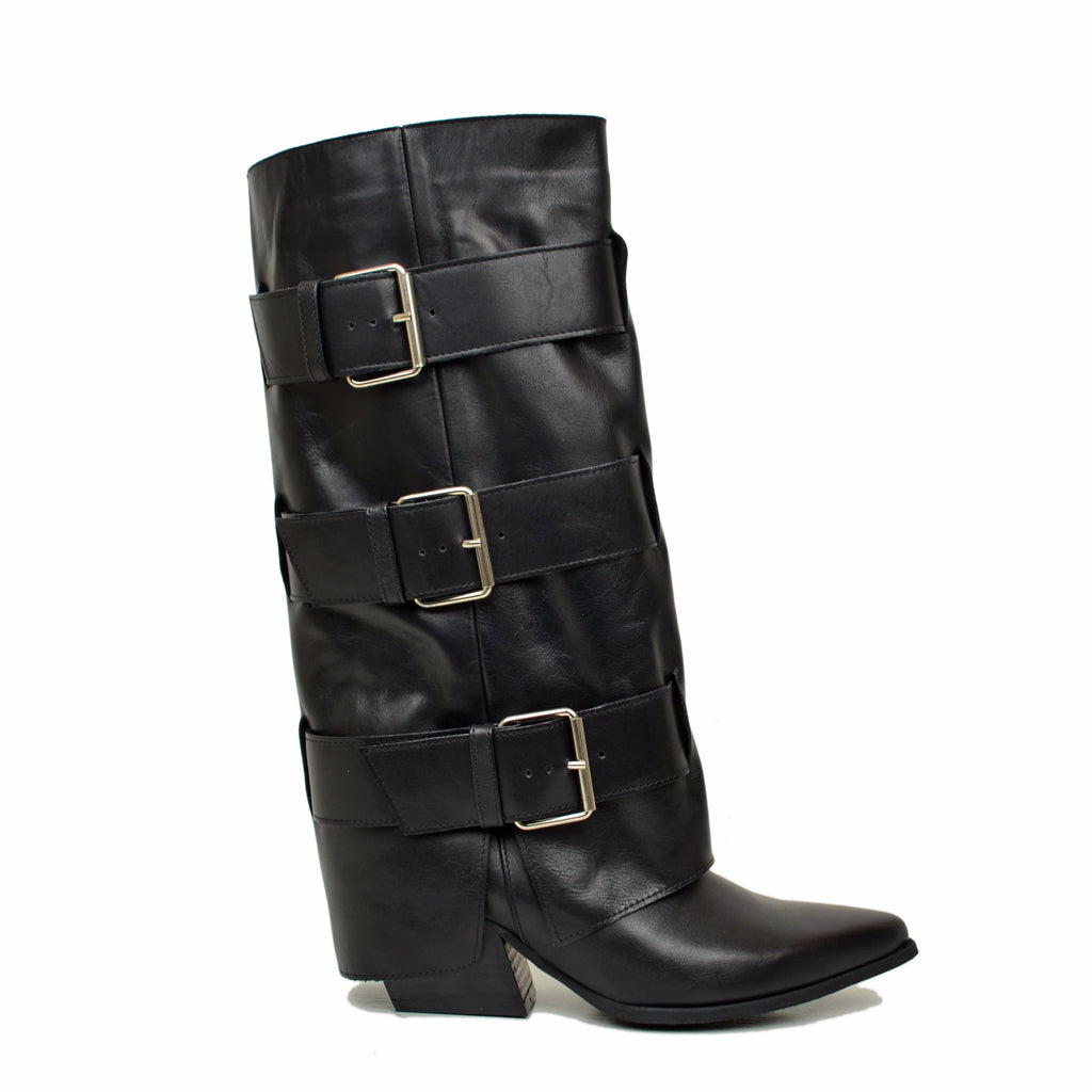 High Texans with Three Buckle Gaiter, Real Black Leather, Heel 6 Cm - 2