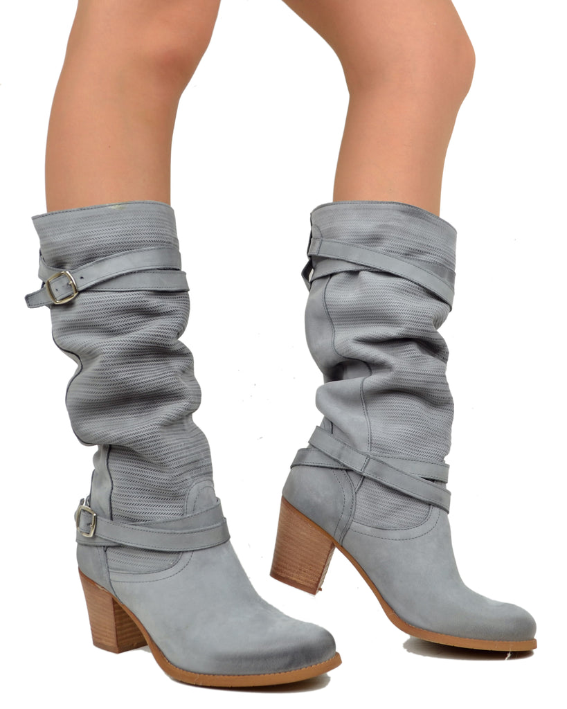 Damenstiefel aus Nubukleder mit geriffeltem Schaft Grau – Made in Italy - 4