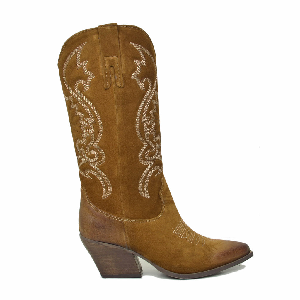 Women's Texan Boots in Suede and Stitching - 2