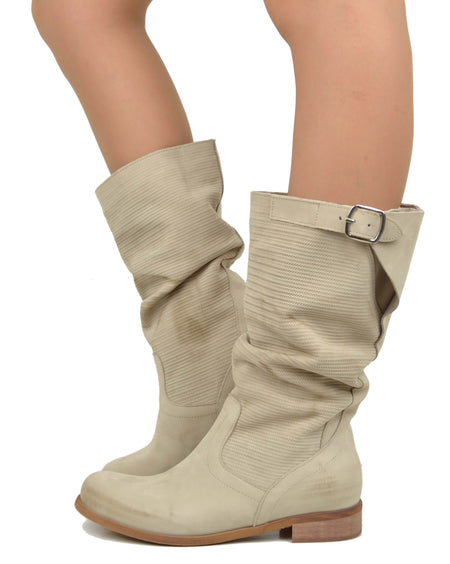 Stivali Estivi Morbidi Zigrinato Pelle Vintage Effetto Utilizzato Taupe