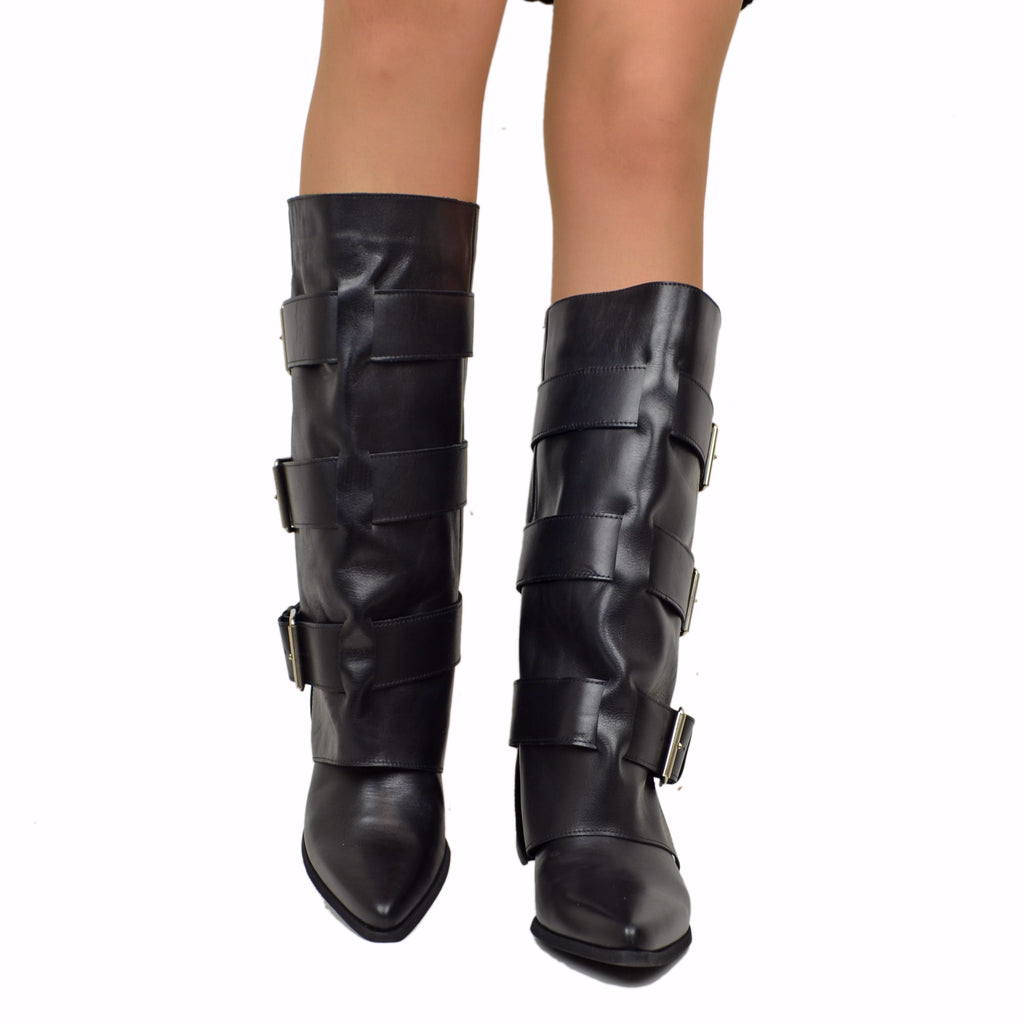 High Texans with Three Buckle Gaiter, Real Black Leather, Heel 6 Cm - 3