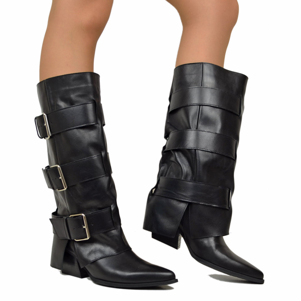 High Texans with Three Buckle Gaiter, Real Black Leather, Heel 6 Cm - 4
