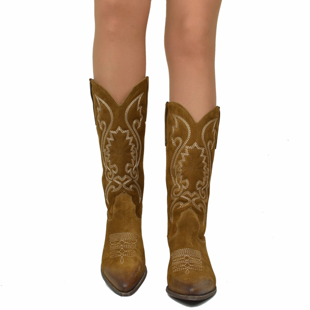 Women's Texan Boots in Suede and Stitching - 3