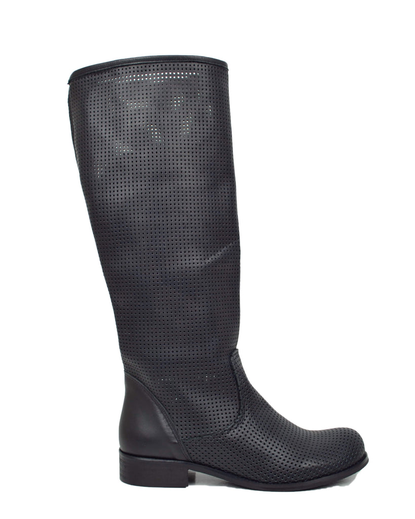 Leichte Sommerstiefel Lochmuster Biker-Stil, runde Spitze, echtes Leder Schwarz - 2