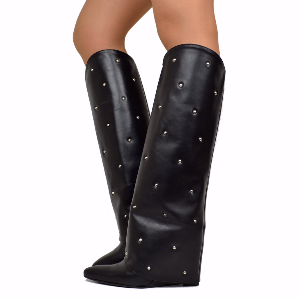 Boots with Gaiter and Silver Studs 9cm Wedge Heel Limited Edition