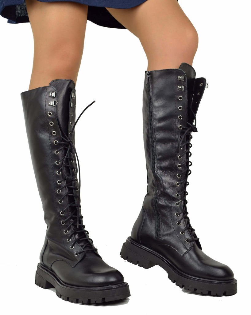 Anfibi Alti Stivali Ginocchio Vera Pelle Neri Stringati Lacci Platform Raider - 4