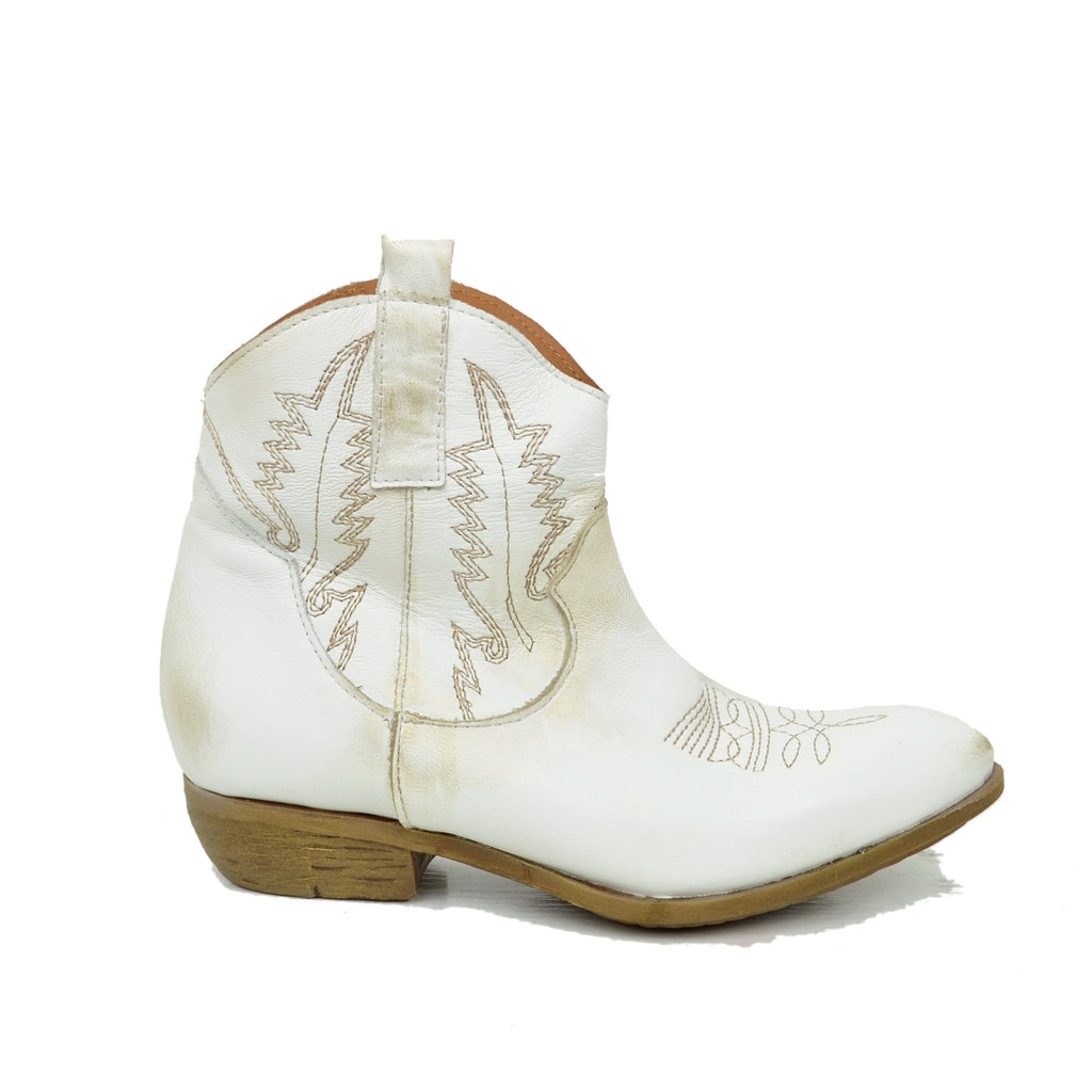 Women's White Leather Texan Ankle Boots Made in Italy - 2