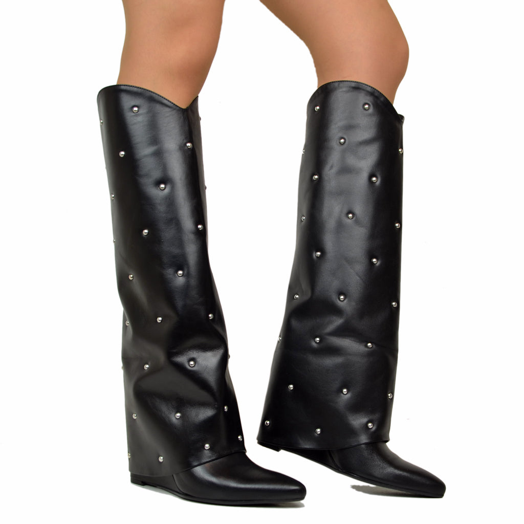 Boots with Gaiter and Silver Studs 9cm Wedge Heel Limited Edition - 5