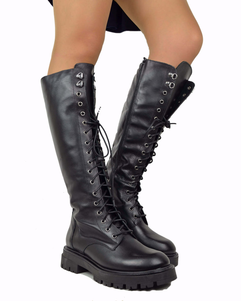Anfibi Alti Stivali Ginocchio Vera Pelle Neri Stringati Lacci Platform Raider - 6