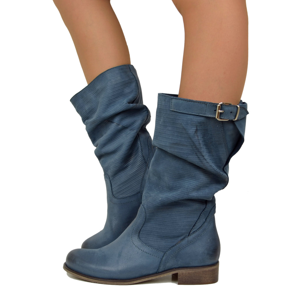 Women's Light Blue Boots Soft Knurled Leg Vintage Leather
