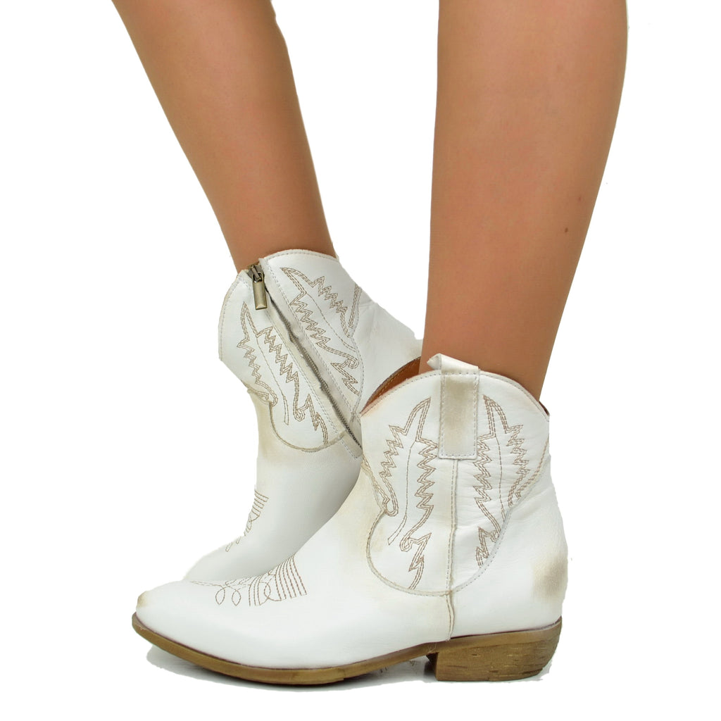 Women's White Leather Texan Ankle Boots Made in Italy