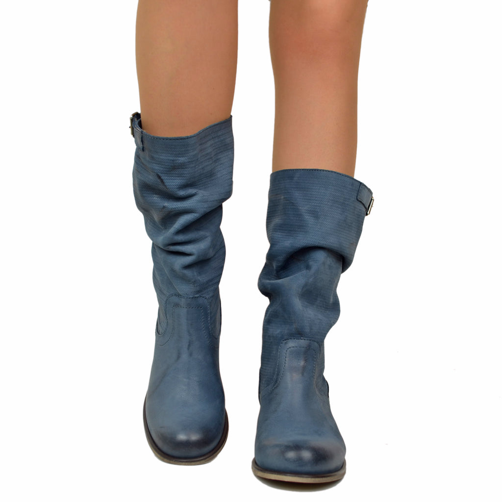 Women's Light Blue Boots Soft Knurled Leg Vintage Leather - 4