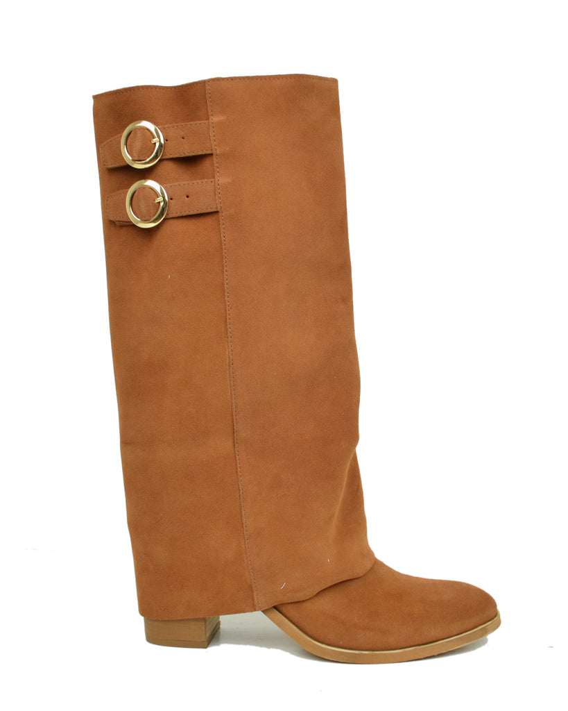 Stiefel mit Gamasche, runde Spitze, 8 cm Absatz, Wildleder Braun - 2
