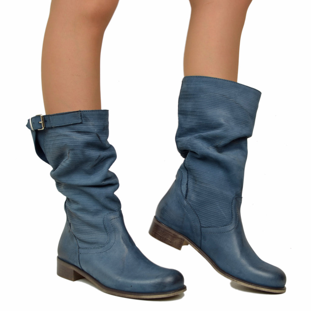 Women's Light Blue Boots Soft Knurled Leg Vintage Leather - 5