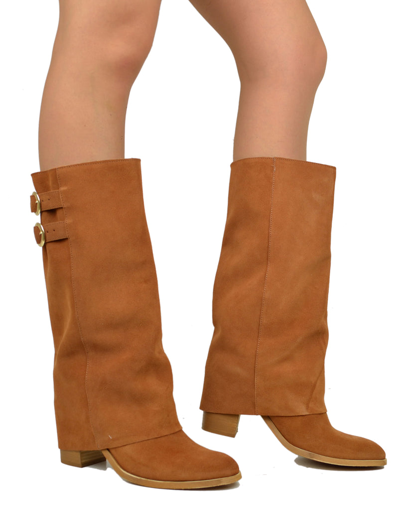 Stiefel mit Gamasche, runde Spitze, 8 cm Absatz, Wildleder Braun - 5