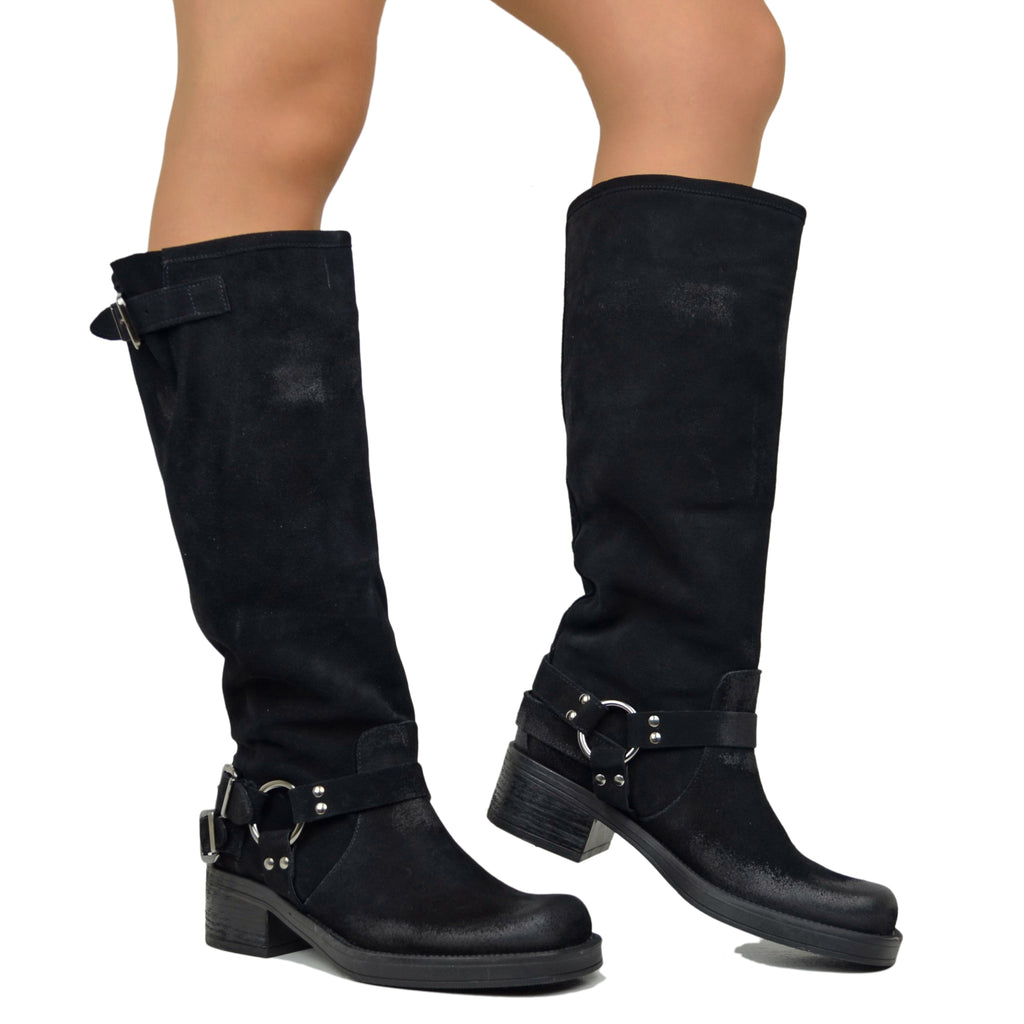 Stivali Camperos Donna Neri in Pelle Scamosciata con Punta Squadrata - 4