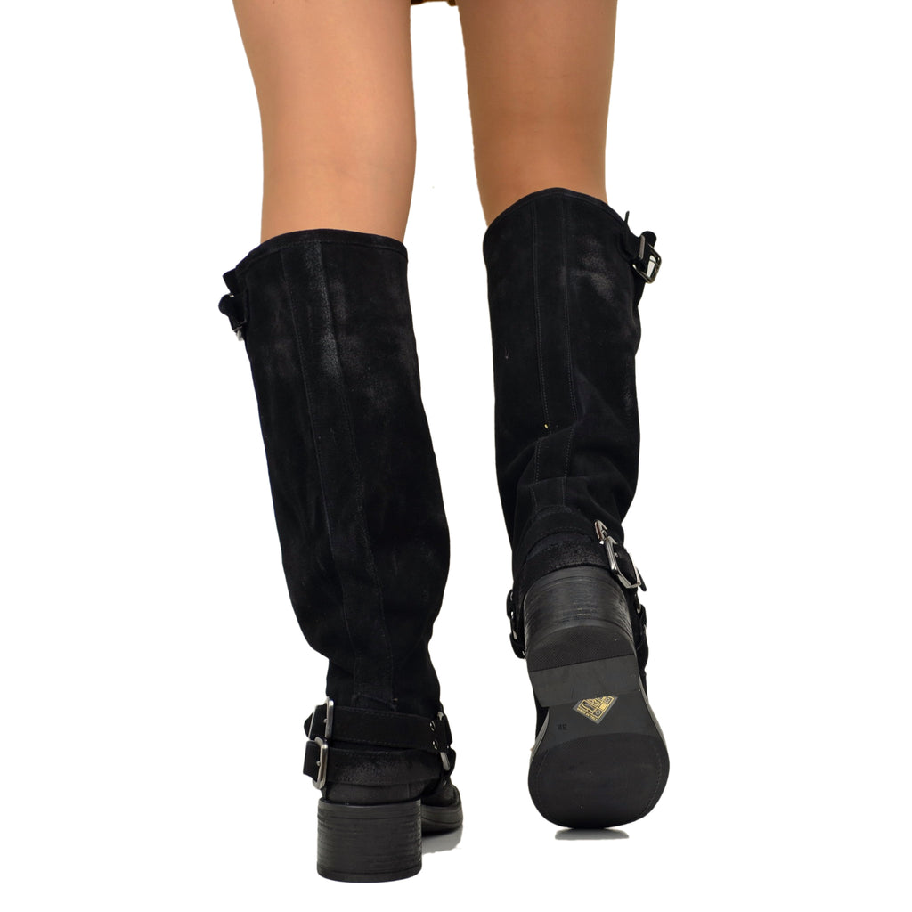 Stivali Camperos Donna Neri in Pelle Scamosciata con Punta Squadrata - 5