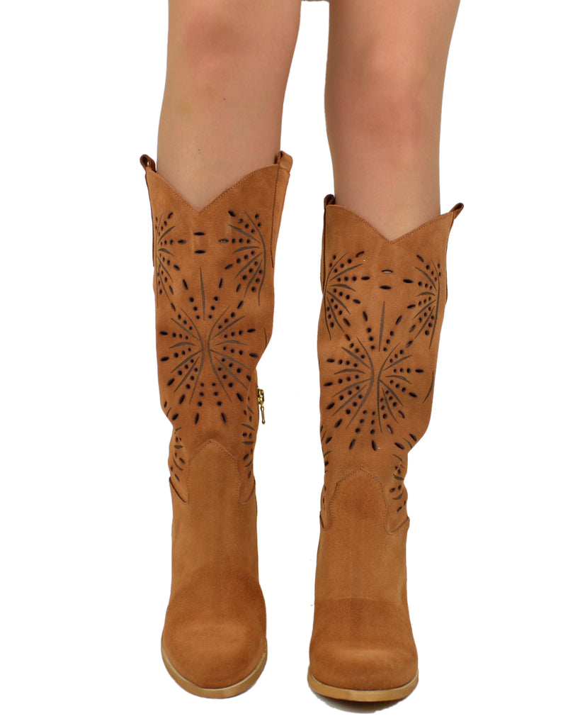 High Heel Boots Round Toe Suede Leather Floral Laser-Cut Perforated – Made in Italy - 4