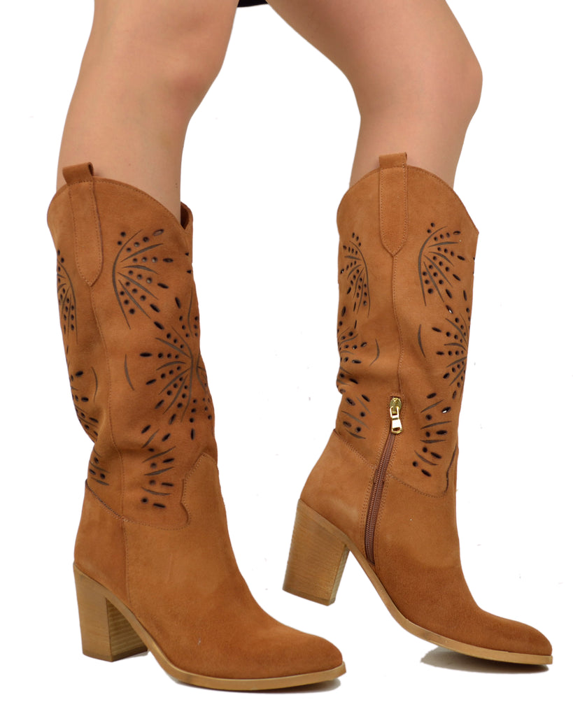 High Heel Boots Round Toe Suede Leather Floral Laser-Cut Perforated – Made in Italy - 5