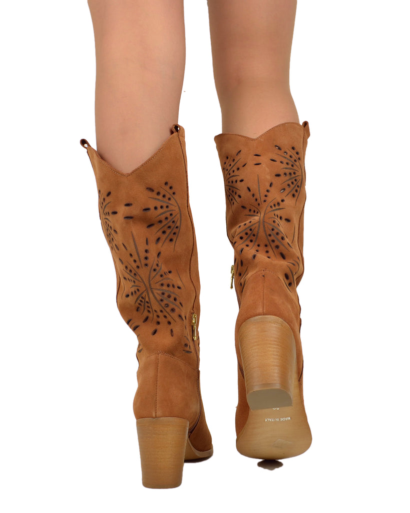 High Heel Boots Round Toe Suede Leather Floral Laser-Cut Perforated – Made in Italy - 3