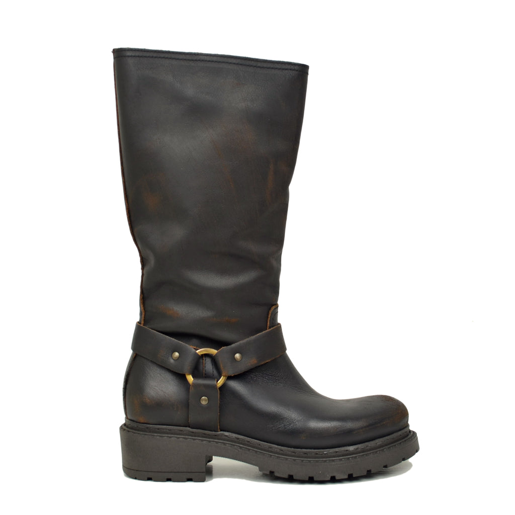 Women Biker Boots in Used Effect Dark Brown Leather - 2