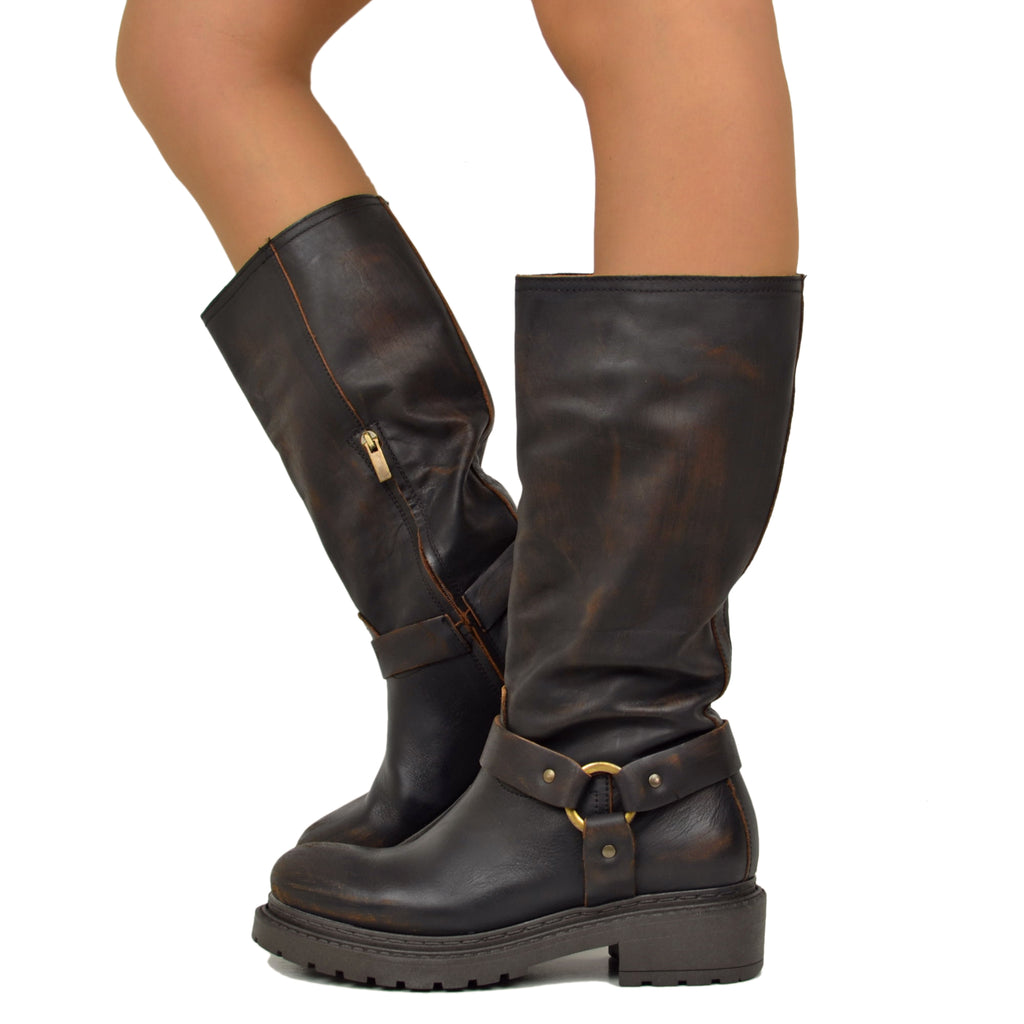 Women Biker Boots in Used Effect Dark Brown Leather