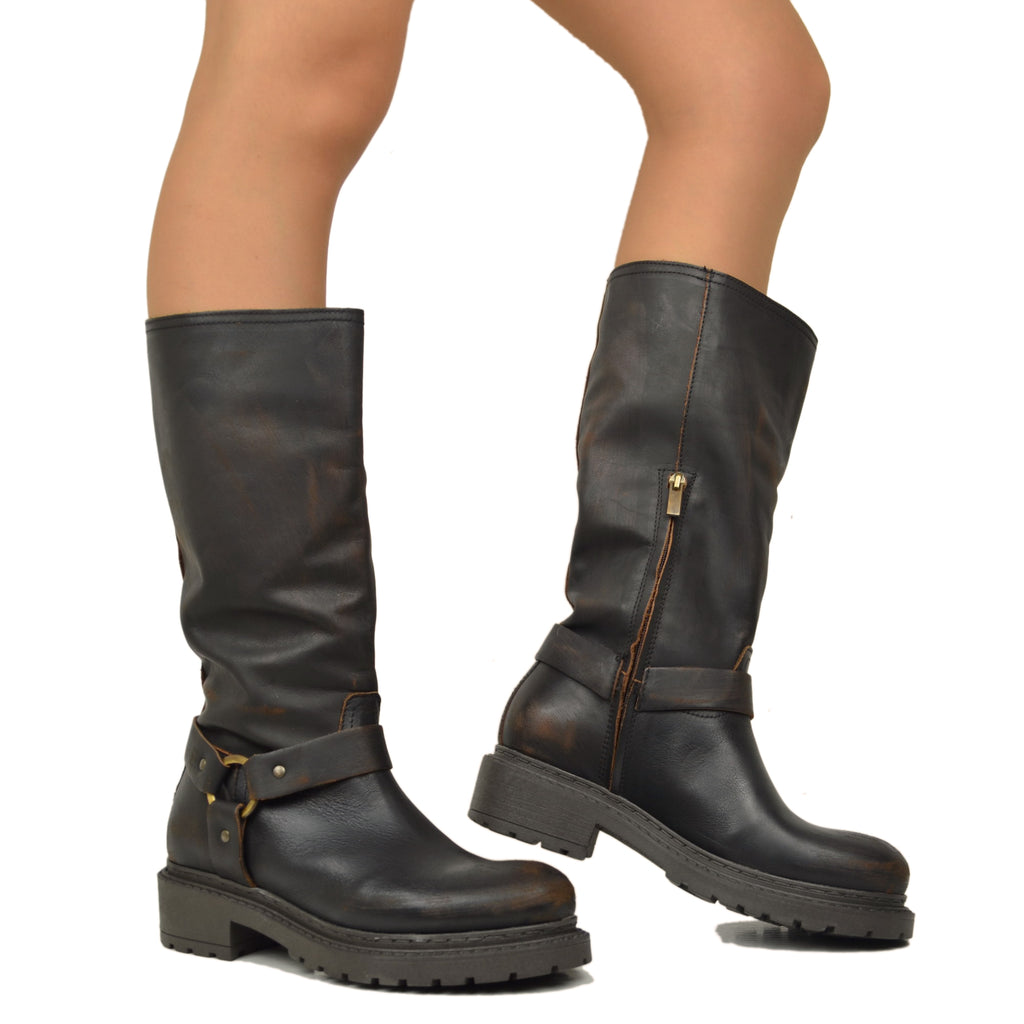 Women Biker Boots in Used Effect Dark Brown Leather - 4