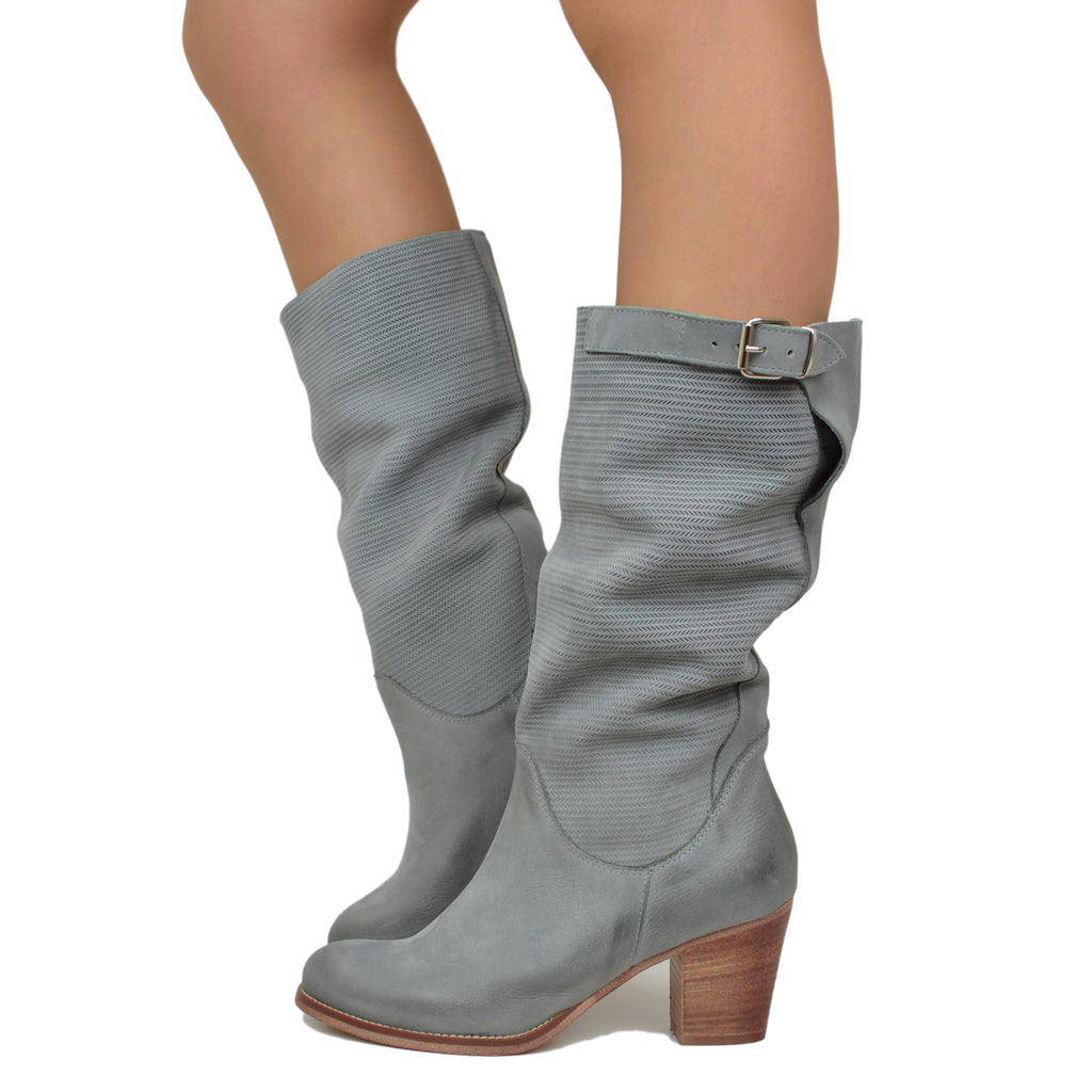 Knurled Women's Boots with Medium Heel in Gray Nubuck Leather