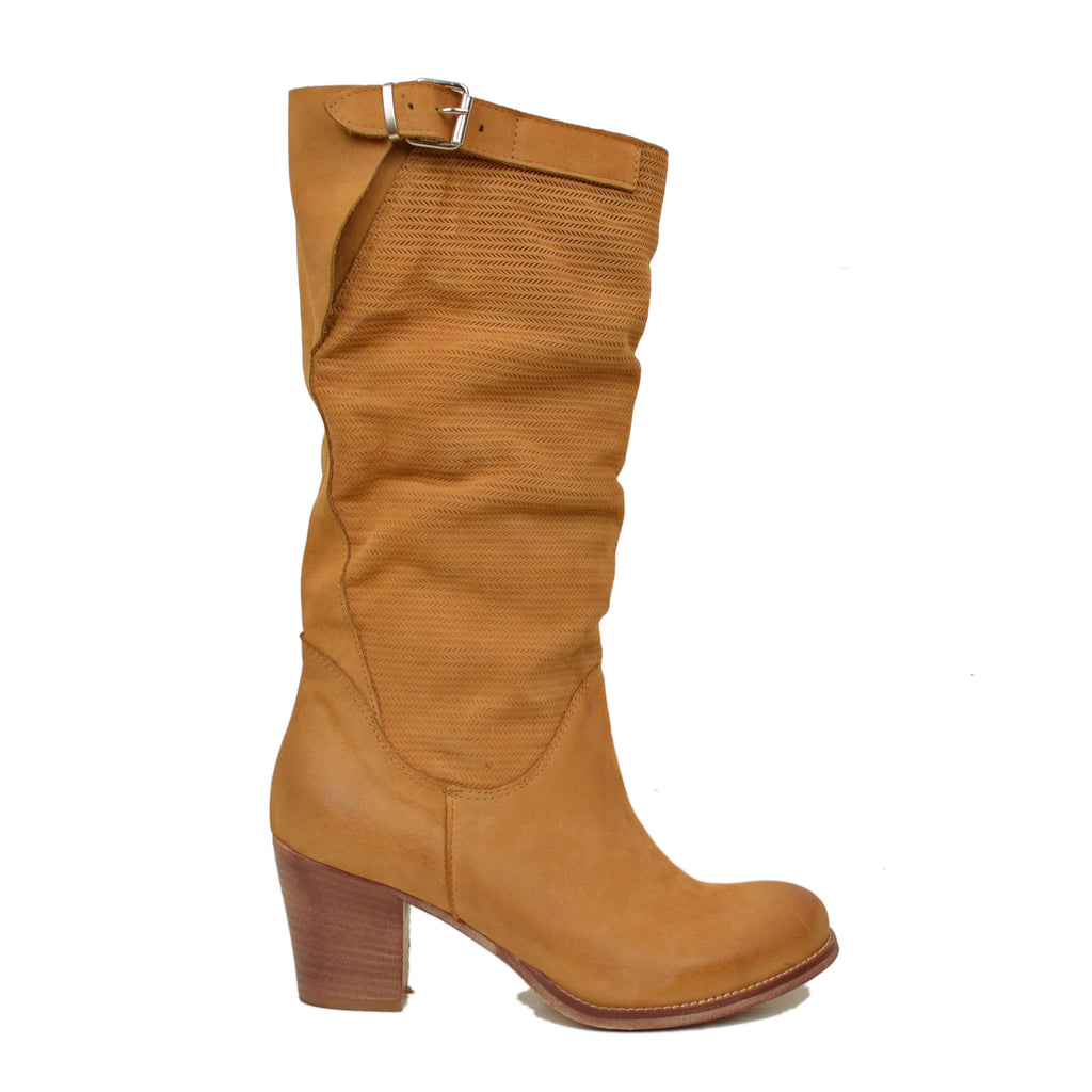 Brown Nubuck Leather Mid Heel Women's Textured Boots - 2