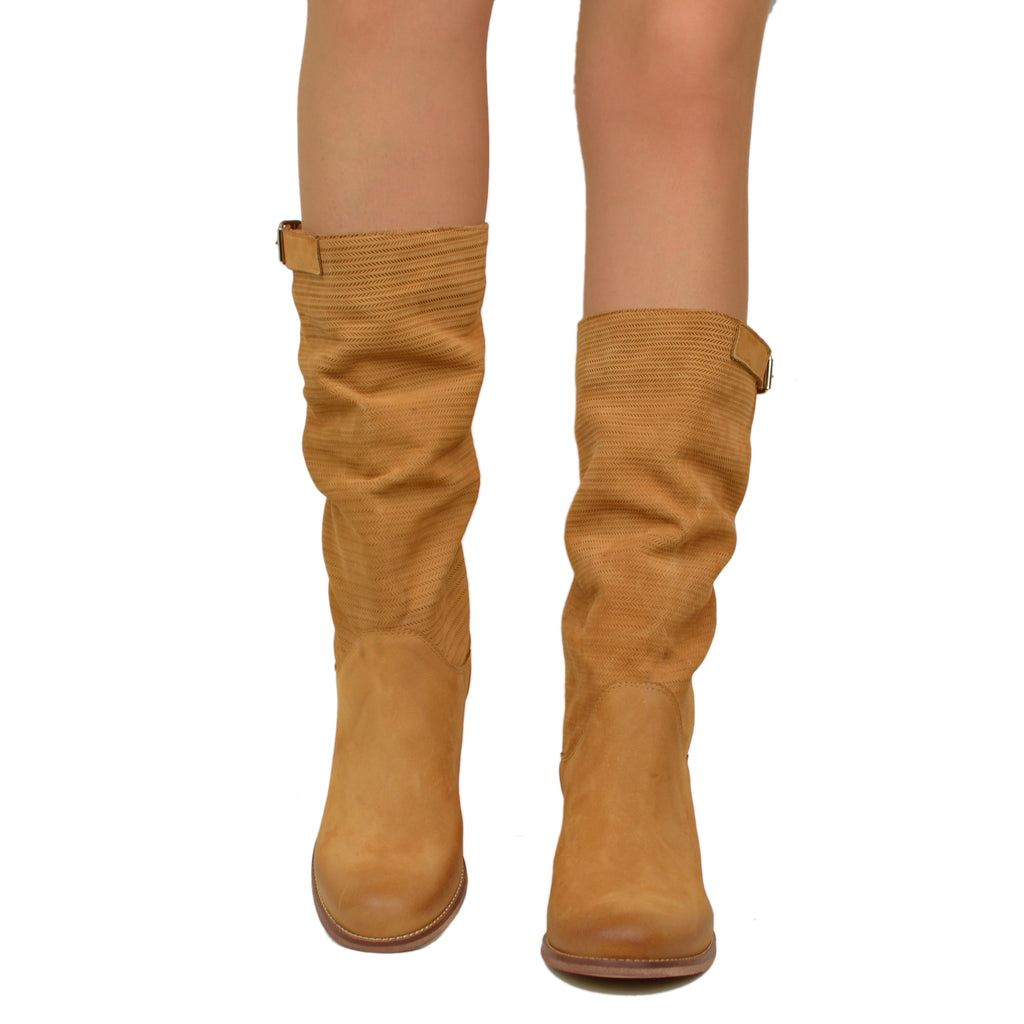 Brown Nubuck Leather Mid Heel Women's Textured Boots - 3