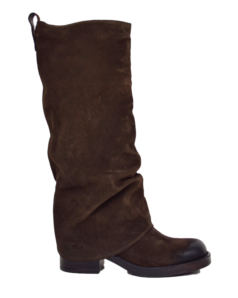 Stivali Biker con Ghetta Punta Quadrata Pelle Scamosciata Marrone - 2