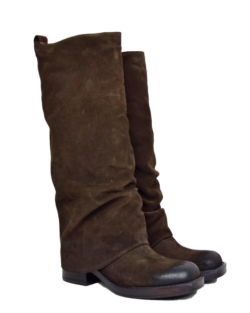 Stivali Biker con Ghetta Punta Quadrata Pelle Scamosciata Marrone - 5