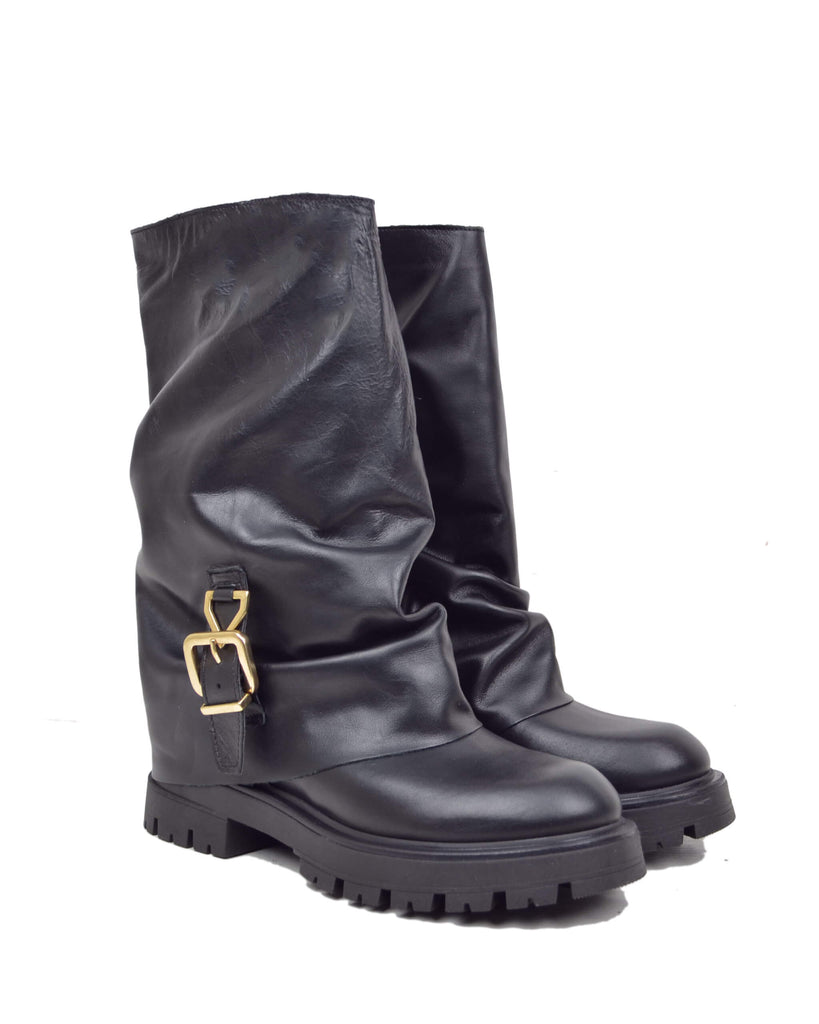 Black Leather Biker Boots with Gaiter and Buckle – Made in Italy - 2