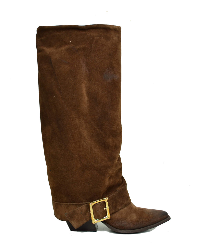 Stivali Texani Alti Overknee Scamosciati Marrone con Fibbia Made in Italy - 5