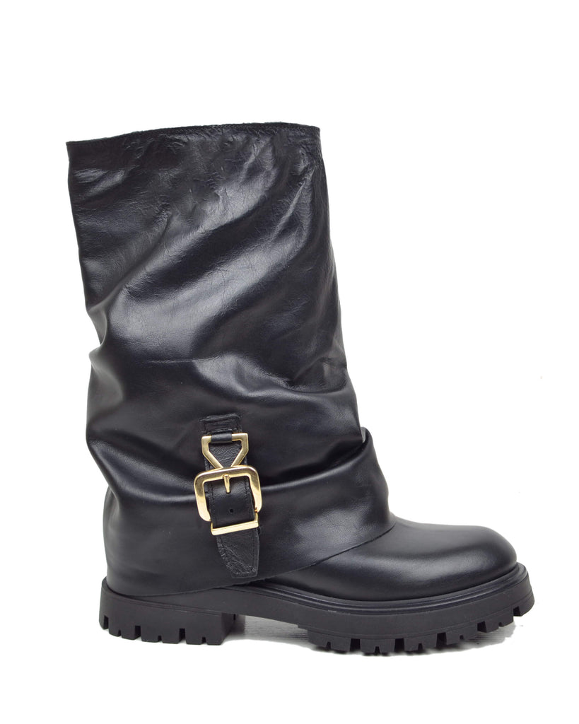 Black Leather Biker Boots with Gaiter and Buckle – Made in Italy - 7