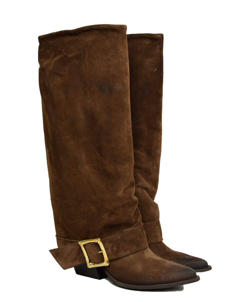 Stivali Texani Alti Overknee Scamosciati Marrone con Fibbia Made in Italy - 2