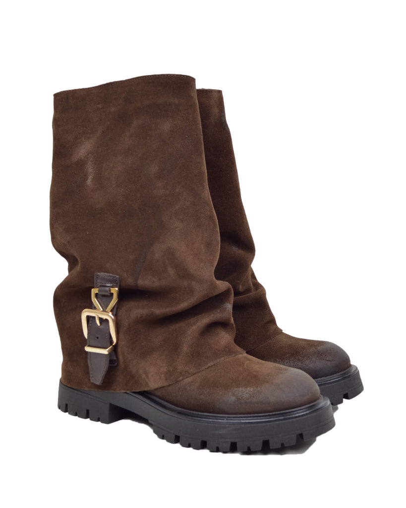 Stivali Biker con Ghetta e Fibbia Marrone in Pelle Scamosciata Made in Italy - 2