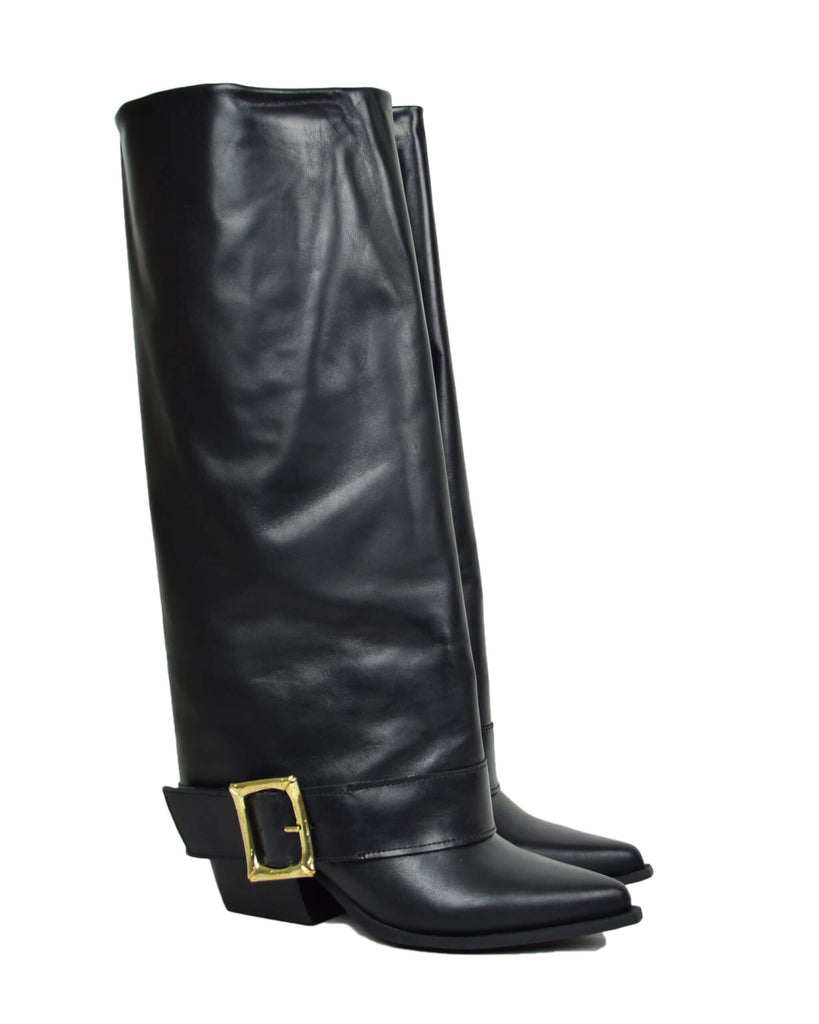 Stivali Texani Alti Overknee in Pelle Neri con Fibbia Made in Italy - 6