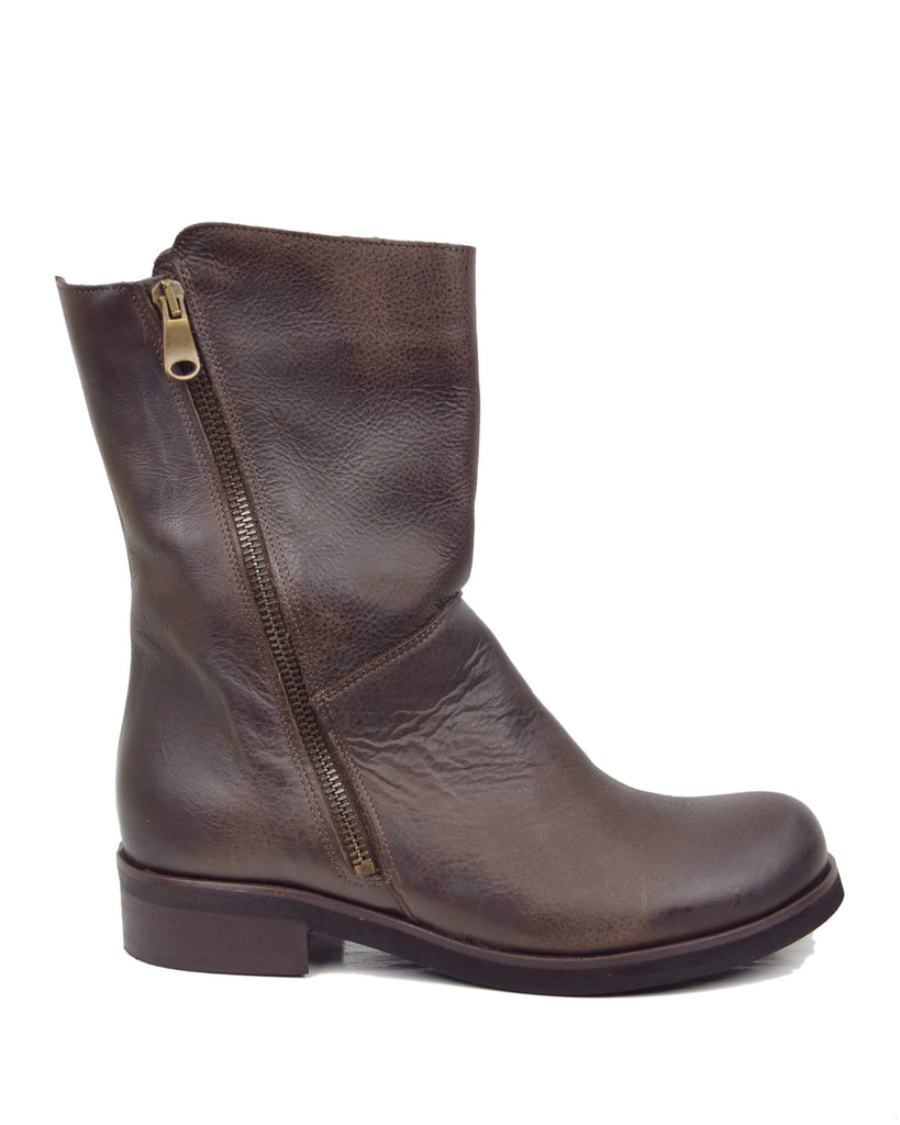 Stivali Biker Vera Pelle Vintage Naturale Sopra alla Caviglia Marroni - 2