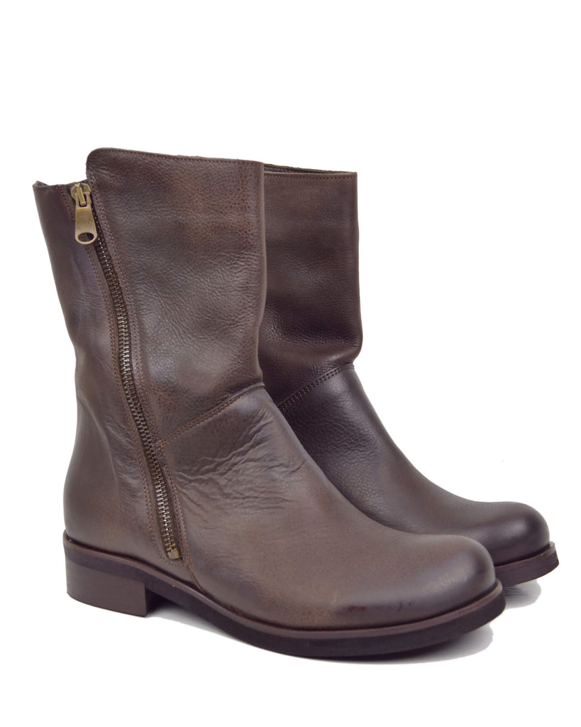 Stivali Biker Vera Pelle Vintage Naturale Sopra alla Caviglia Marroni - 6