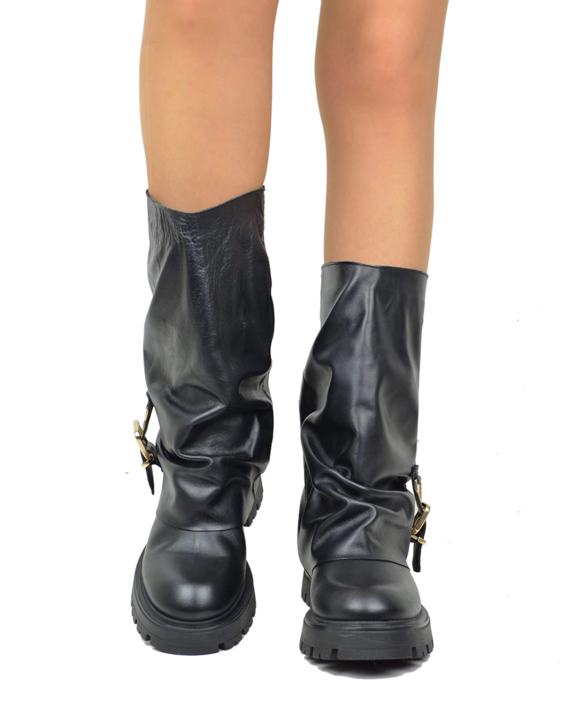 Black Leather Biker Boots with Gaiter and Buckle – Made in Italy - 3