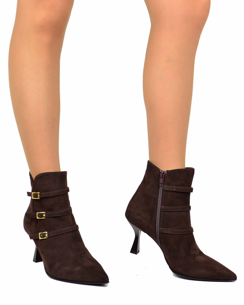 Damenstiefeletten Wildleder Braun mit Schnallen & Reißverschluss - 4