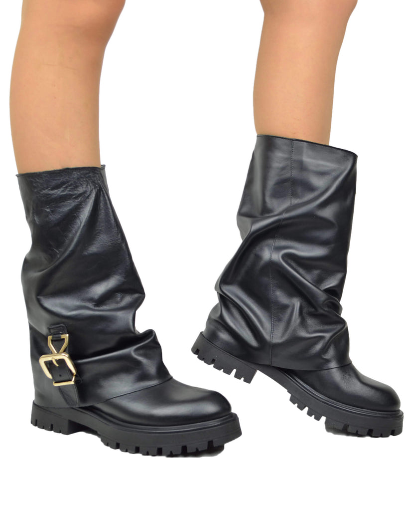 Black Leather Biker Boots with Gaiter and Buckle – Made in Italy - 5