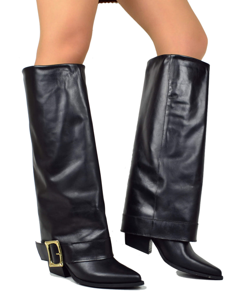 Stivali Texani Alti Overknee in Pelle Neri con Fibbia Made in Italy - 5