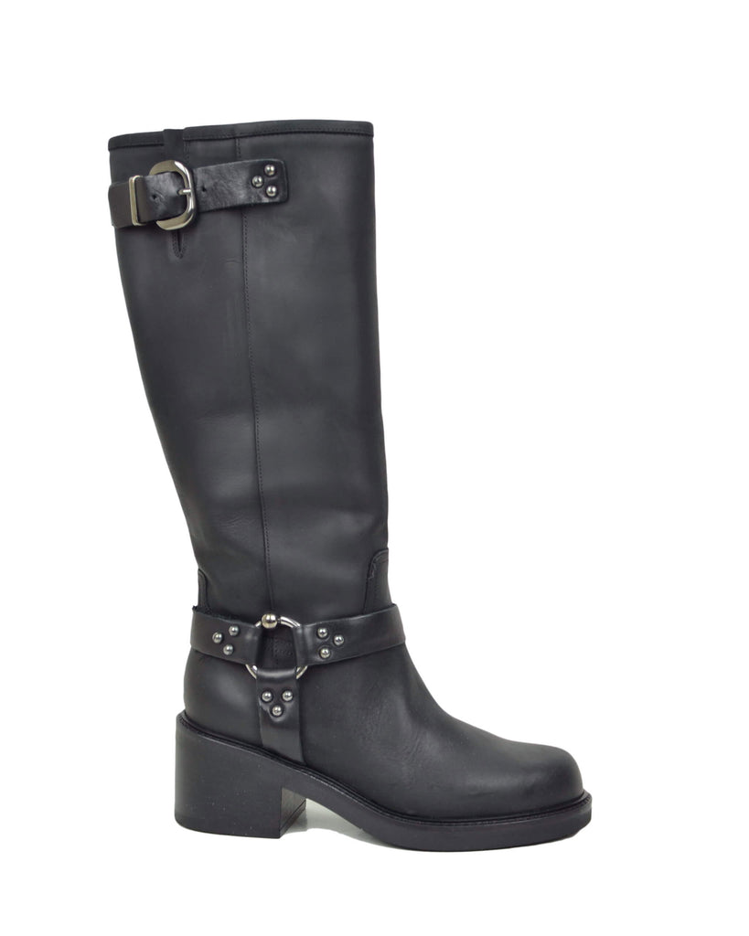 High Biker & Riding Style Boots with Rigid Shaft, Buckles and 6 cm Heel – Black - 2