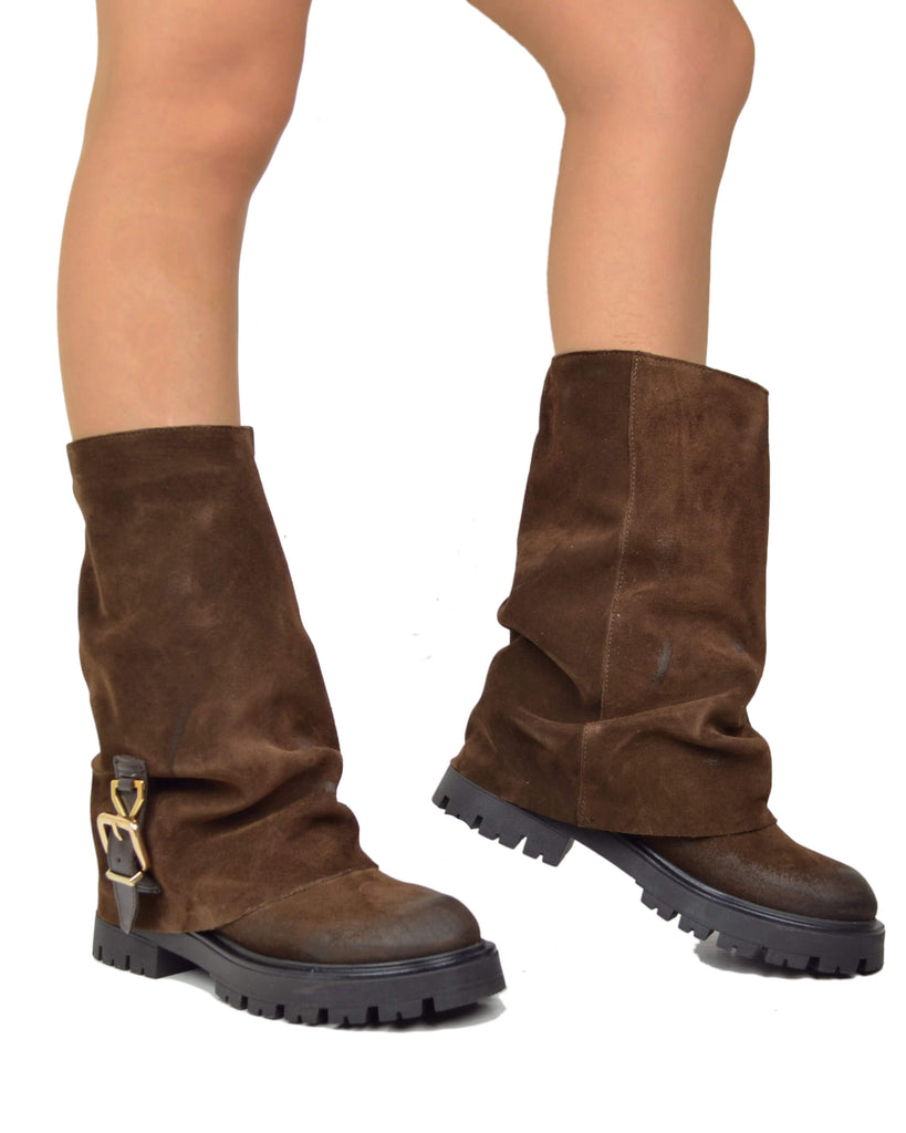 Stivali Biker con Ghetta e Fibbia Marrone in Pelle Scamosciata Made in Italy - 4