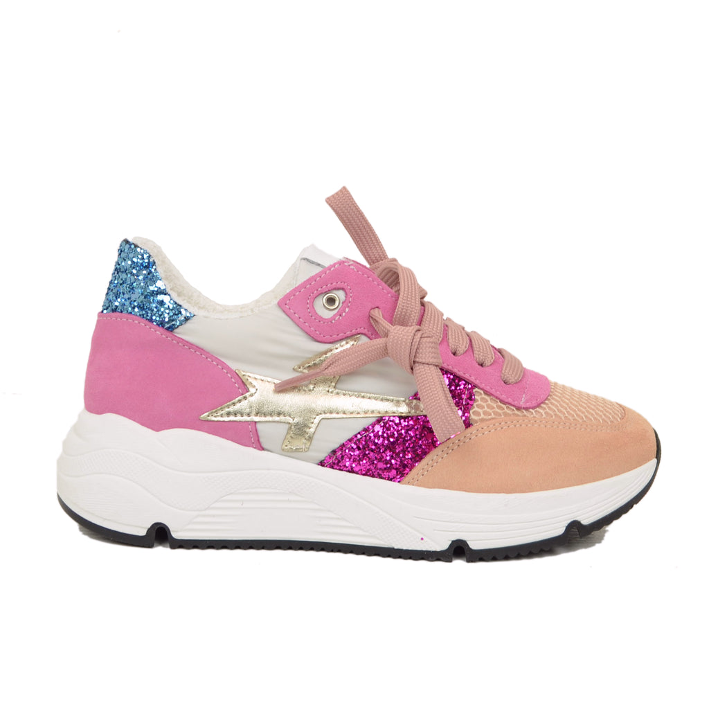 Sneakers Glitter in Pelle Scamosciata Pink Fondo Platform Morbido - 2